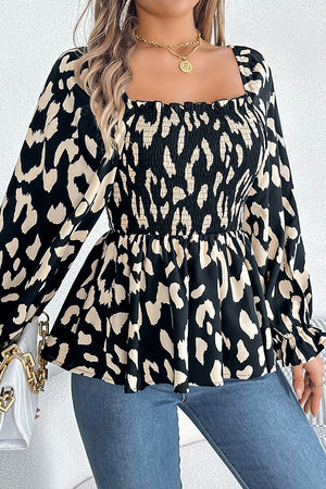 Chic Square-Neck Long-Sleeved Leopard Print Chiffon Top