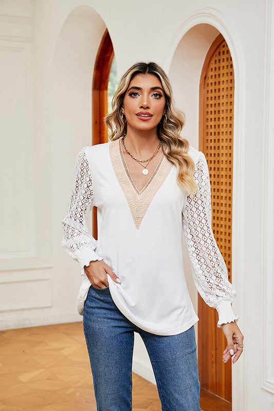 Chic V-Neck Lace Detail Relaxed Long-Sleeve Top
