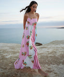 Floral Maxi Dress for Women in Green and Pink Sleeveless Style