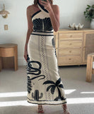 Sexy Form-Fitting Long Dress with Neck Tie Design in Green Black