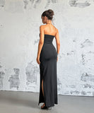 Sleeveless Beaded Plunging Neck Evening Dress Black