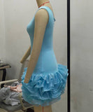 Chic Sleeveless Skew Shoulder Stretch Slim Mesh Dress with Wooden Ear Lace