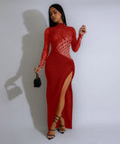 Sequined High-Neck Evening Dress Long-Sleeve High-Slit