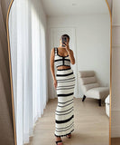 Bohemian Color-Blocked Knitted Vest Top and Skirt Set for Women