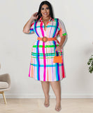 Plus Size Checkered Shirt Dress Short Sleeve Cowl Neck Polyester