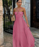 Solid Color Plunging Pleated Sleeveless Halter Dress for You