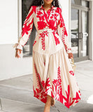 Printed Red Cowl Neck Long Sleeve Dress Irregular Pattern