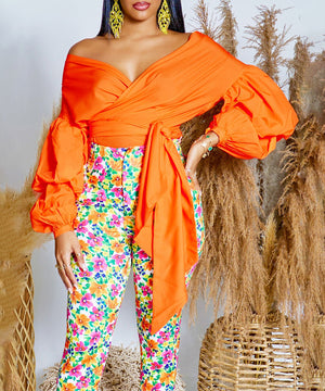 Off Shoulder Cross Belted V Neck Balloon Sleeve Sexy Shirt