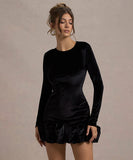 Velvet Round Neck 3D Pleated Dress With Long Sleeves Black