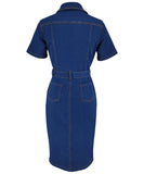 Deep Blue Denim Cowl Neck Short Sleeve Fitted Dress