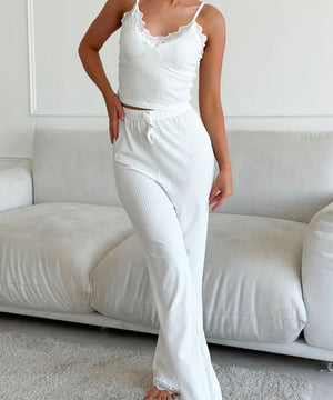 CozyNest Knitted Patchwork Lace Halter Pajamas – Elegant Micro-Transparency Design