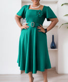 Square Neck High Waisted Large Hem Dress in Solid Color