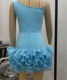 Chic Sleeveless Skew Shoulder Stretch Slim Mesh Dress with Wooden Ear Lace