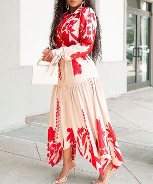 Printed Red Cowl Neck Long Sleeve Dress Irregular Pattern