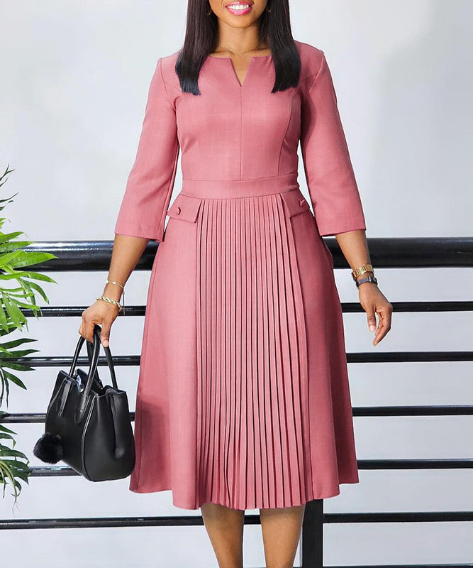 Solid Color Pleated Large Size Dress in Pink Deep Blue and Rose