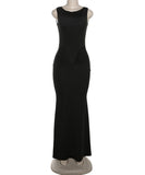 Solid Color Pleated High Waisted Fitted Long Black Dress