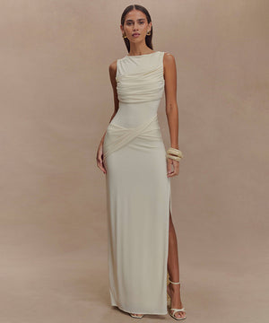Round-Neck Backless Sleeveless Pleated Slit Dress Elegant Evening Cocktail Party Attire