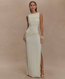 Round-Neck Backless Sleeveless Pleated Slit Dress Elegant Evening Cocktail Party Attire