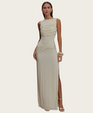 Round-Neck Backless Sleeveless Pleated Slit Dress Elegant Evening Cocktail Party Attire