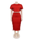 A Two-Piece Set of Solid-Color Fringed Round-Neck Short-Sleeve Long Dress