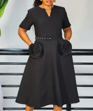 V Neck Short Sleeve Cinched Waist A Line Dress
