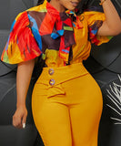 Printed Lace-Up Short-Sleeved Shirt with Puffy Sleeves for Women