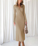 Sexy Long Sleeve Pleated Dress Multicolor Apricot Pink