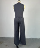 V Neck Sleeveless Vest and Wide Leg Trousers Set in Grey Khaki