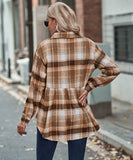 Collared Long Sleeve Pocket Casual Check Shirt Polyester