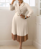 Elegant Women's Suit-Style Pleated Dress with Belt and Collar