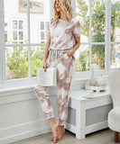 Comfortable Pocket Short-Sleeved Home Wear Pants Set in Brown