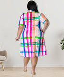 Plus Size Checkered Shirt Dress Short Sleeve Cowl Neck Polyester