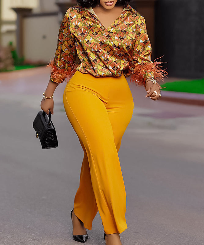 Stylish Printed Long-Sleeved Shirt Wide-Leg Pants Fashion Suit