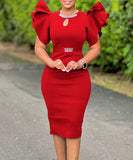Round Neck Ruffled Sleeve Diamond Studded Halter Dress
