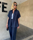 Casual Workwear Drawstring Shirt And Trousers Set Navy