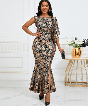 Slim Sexy Banquet Dress One-Shoulder Gold Long Skirt Charm