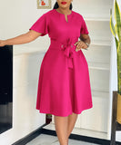 Plus Size Solid Color Lace Up Short Sleeve Dress for Women