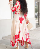 Printed Red Cowl Neck Long Sleeve Dress Irregular Pattern