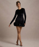 Velvet Round Neck 3D Pleated Dress With Long Sleeves Black