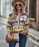 Collared Long Sleeve Pocket Casual Check Shirt Polyester