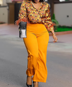 Stylish Printed Long-Sleeved Shirt Wide-Leg Pants Fashion Suit