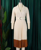 Elegant Women's Suit-Style Pleated Dress with Belt and Collar