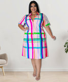 Plus Size Checkered Shirt Dress Short Sleeve Cowl Neck Polyester