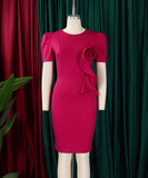 Solid Color Short Sleeved Wraparound Lace Ruffled Dress