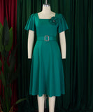 Square Neck High Waisted Large Hem Dress in Solid Color