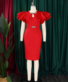 Round Neck Ruffled Sleeve Diamond Studded Halter Dress