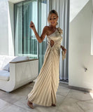 Fashion Sexy Oblique Shoulder Pleated Hollow Gown in Chic Colors