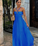 Solid Color Plunging Pleated Sleeveless Halter Dress for You