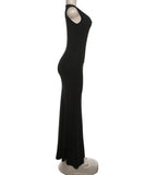 Solid Color Pleated High Waisted Fitted Long Black Dress
