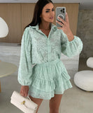 Lace Cutout Casual Long Sleeve Two Piece Polyester Set